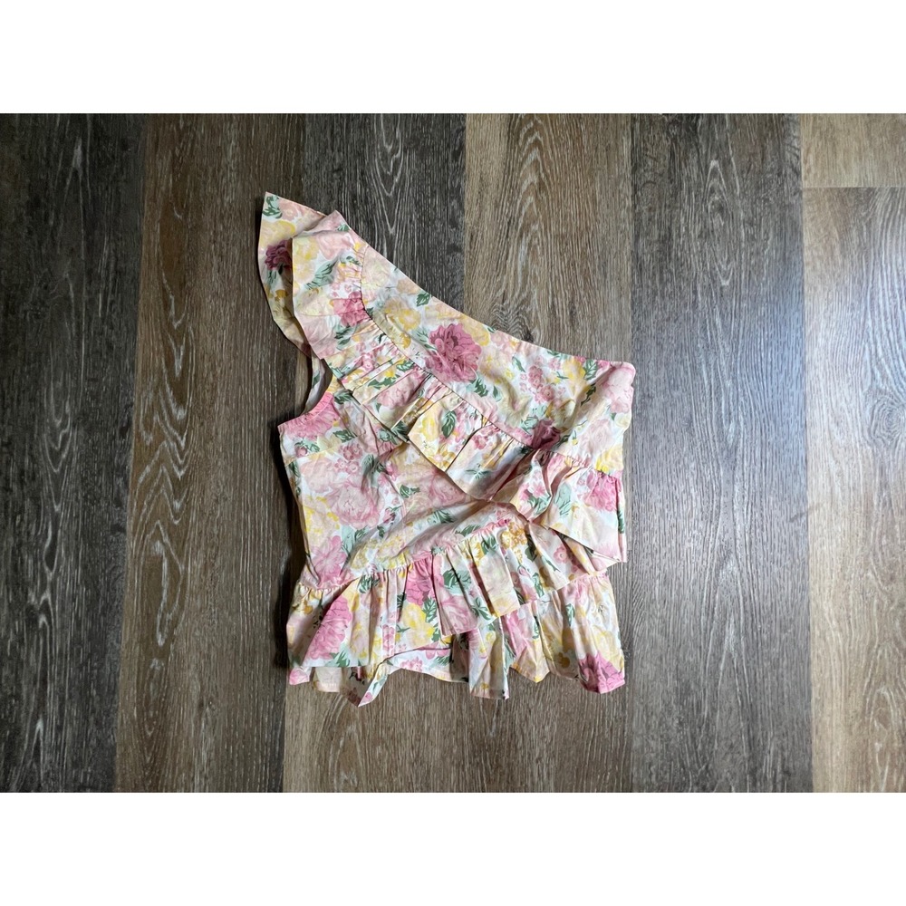 Fore Floral One Shoulder Top Womens Small Pink Yellow Ruffle Peplum Blouse